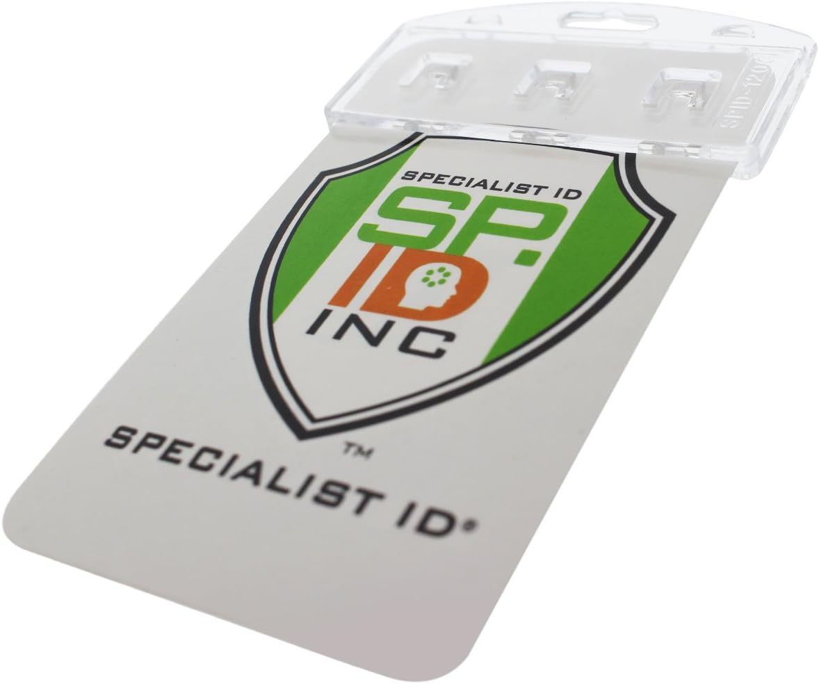 Vertical Half Card Badge Holder for Smart Chip (Insert) PIV Common Access and Credit Cards - Crystal Clear Hard Polycarbonate Plastic - Heavy Duty Grippers Clamp Tight by Specialist ID