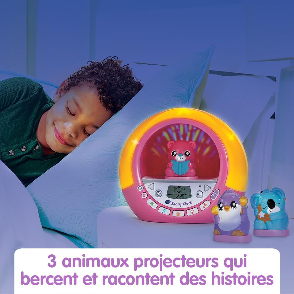 VTech - Story'Clock Rose Ma Conteuse-Réveil - Veilleuse Réveil Éducatif Jour/Nuit - Coach Sommeil Enfant - Boîte à Histoires, 3 Figurines et Projections - Cadeau Enfant Dès 3 Ans - Contenu en Français