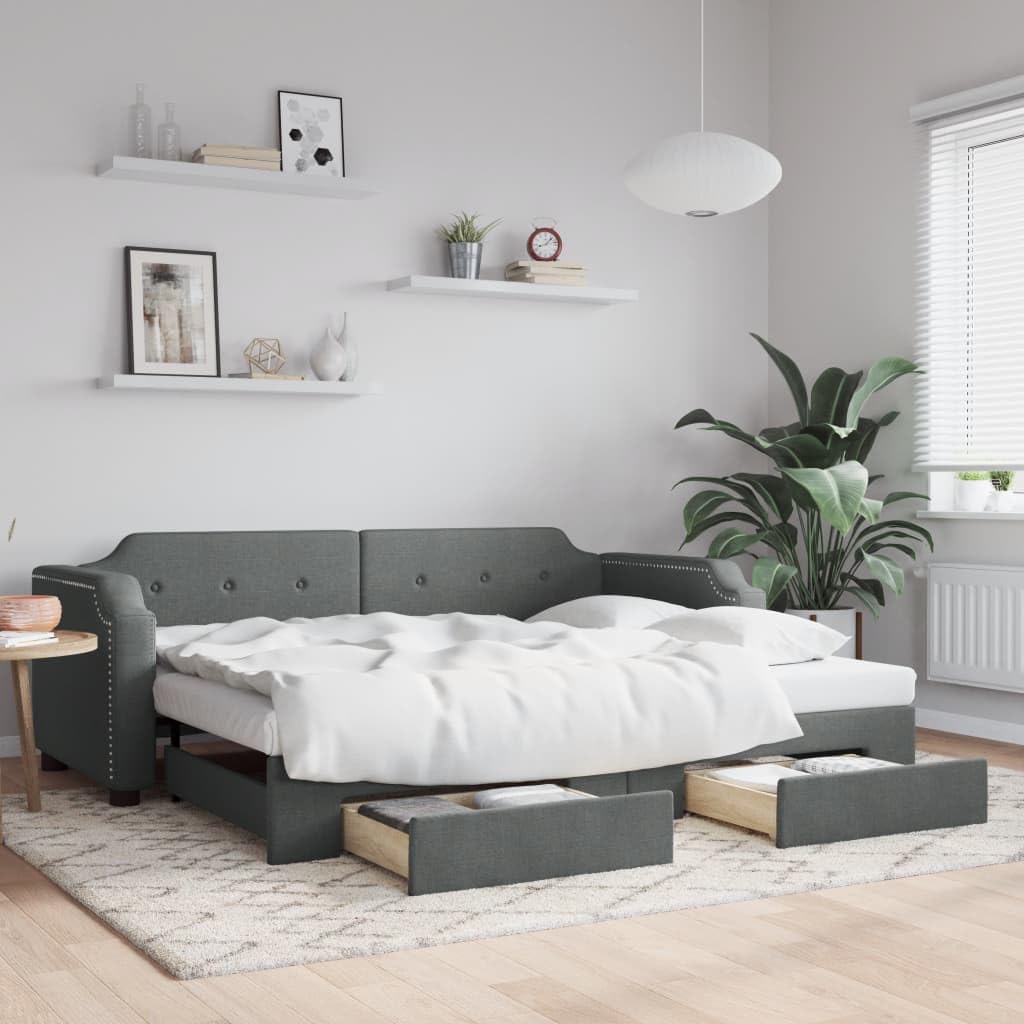 Rozkładane łóżko dzienne, ciemnoszare, 90 x 190 cm, obicie materiałowe, sofa 2 w 1 z 2 szufladami, wytrzymała rama łóżka do pokoju gościnnego, salonu lub sypialni