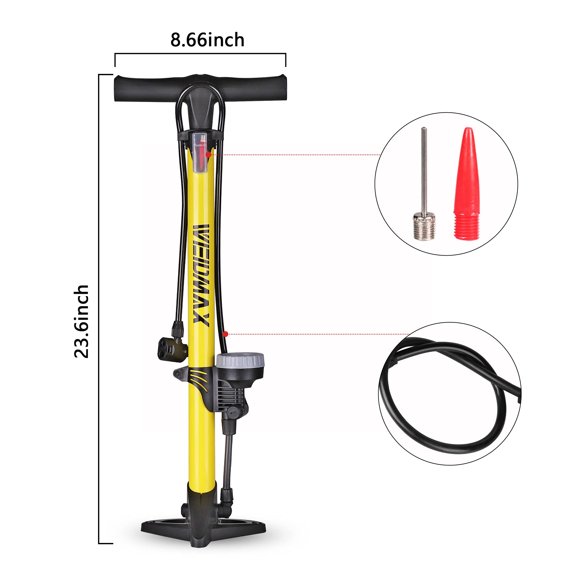 WEIDMAX 160 PSI Bike Floor Pump With Gauge - Presta & Schrader Valve Bicycle Tire Inflator
