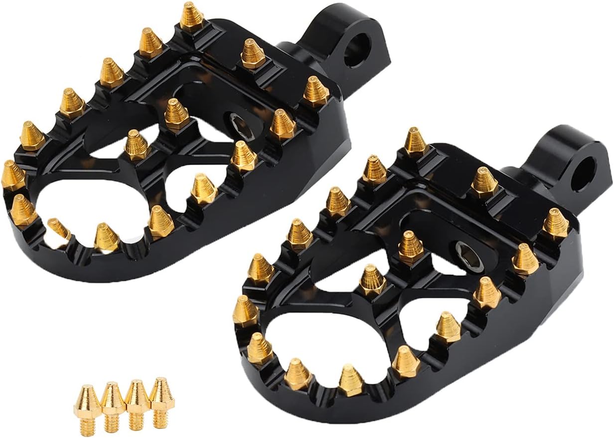 Lingdu MX Offroad Wide Foot Pegs Footrest Golden Spike Chopper Bobber Pedals for Dyna Street Bob Sportster 883 Softail Fatboy Touring Street Glide, Black Gold
