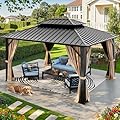 YITAHOME 10X12FT Hardtop Gazebo Double Roof Canopy Galvanized Iron Aluminum Frame Garden Tent Curtains Netting for Patios Backyards Decks Lawns