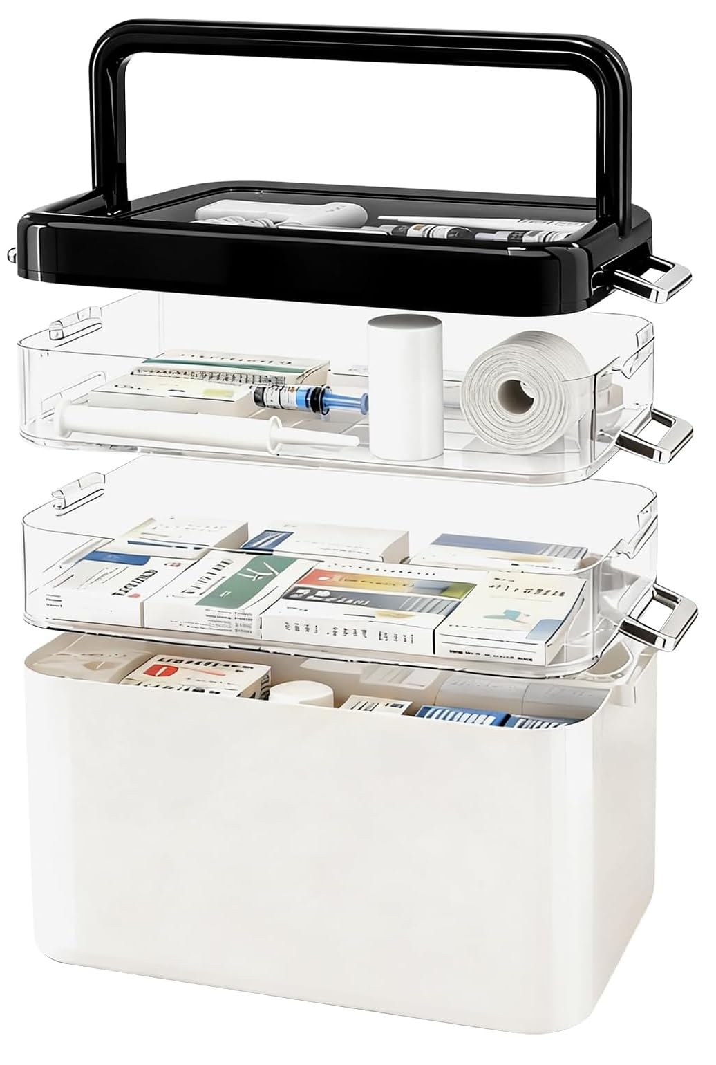 LIROPAU Contenitore per medicinali a 3 ripiani, in plastica, con manico e scomparto rimovibile, organizer multifunzione per medicinali, per casa, ufficio, scuola, 31,5 x 21,5 x 29 cm