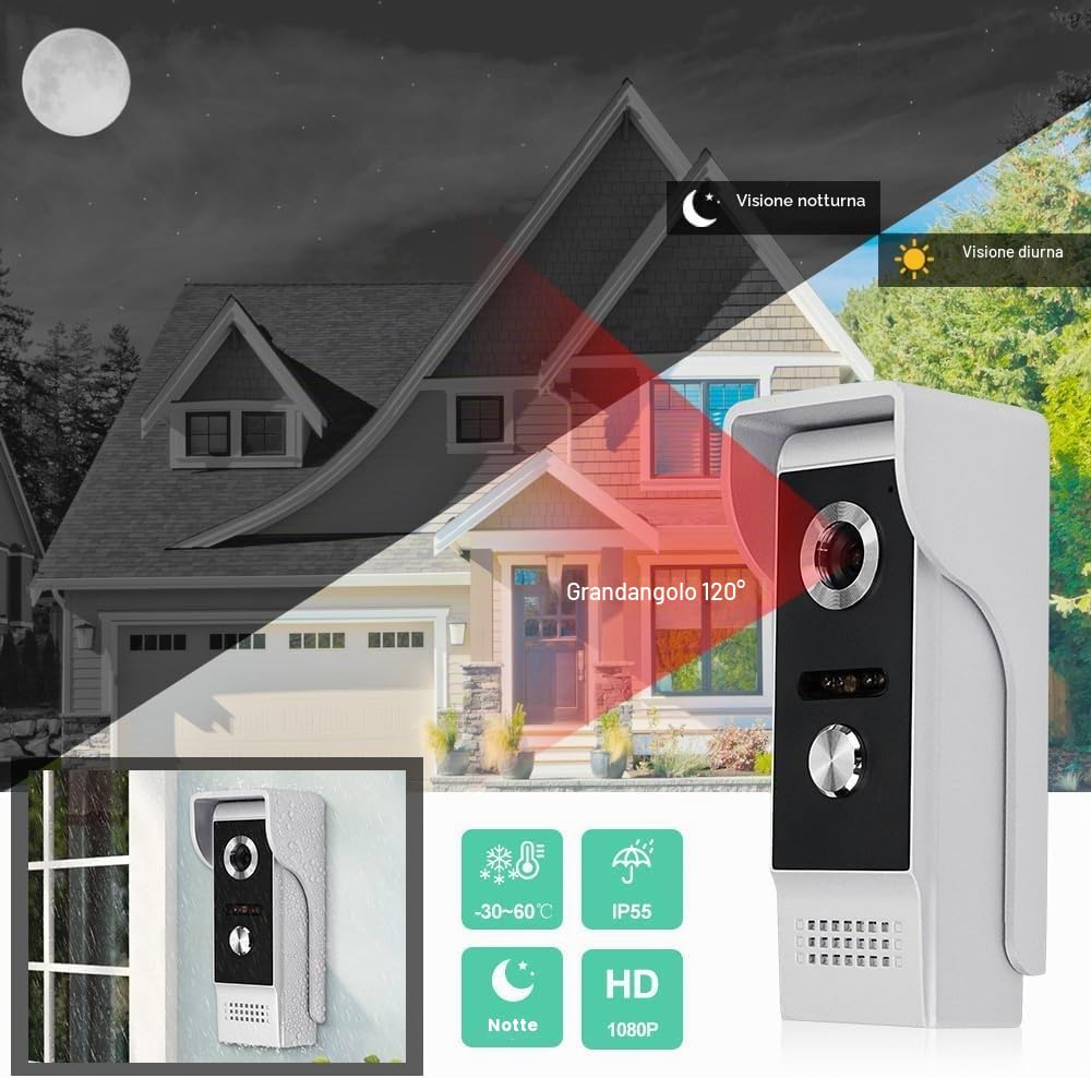 WiFi Tuya Videocitofono per Casa Intelligente Videocitofono per Porta Touch Screen 1080P HD 7 Pollici Colore con Telecamera Campanello cablata 120¡ã