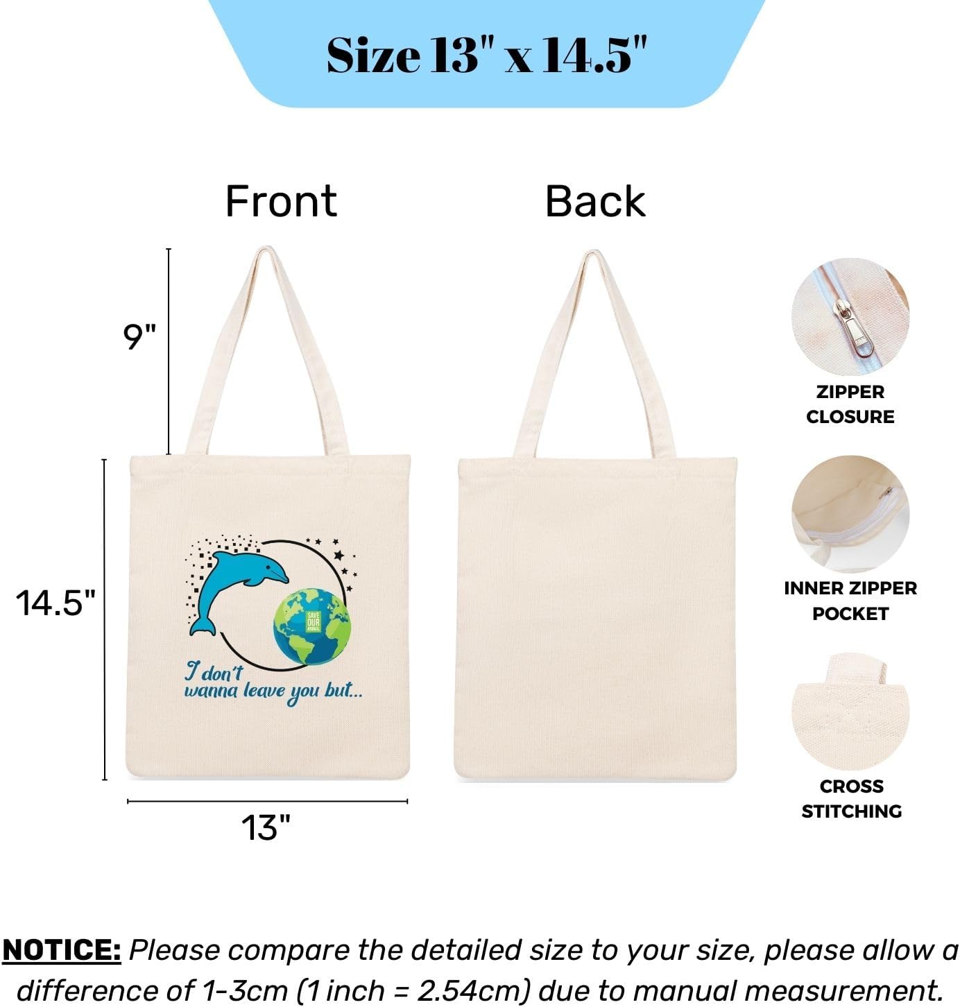 Dolphin Tote Bag Set of 2, 100% Cotton Canvas with Zipper Closure and Multiple Pockets, Large and Small Multi-Purpose Bag for Shopping, School, Travel, Gifts