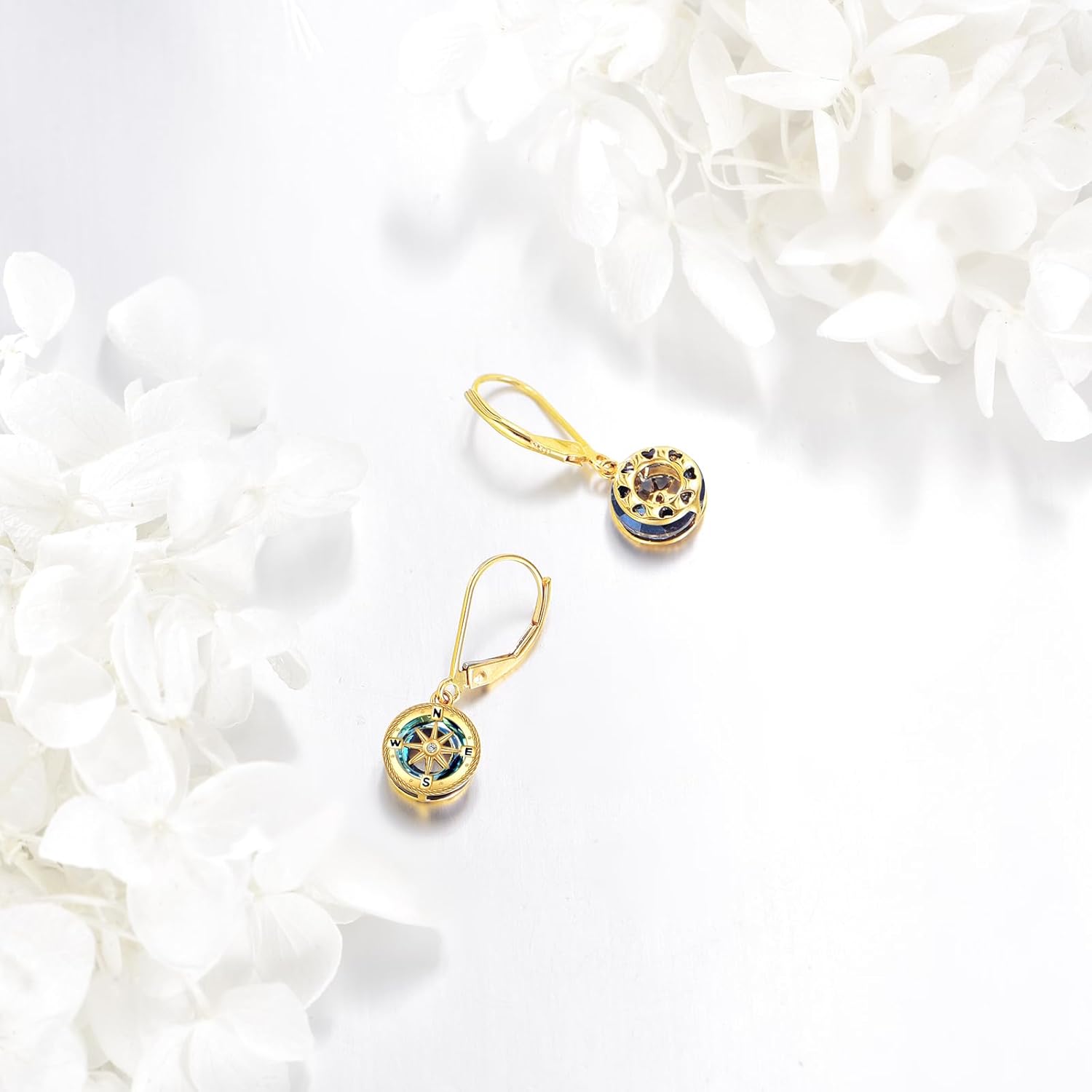 KECHO 10K Solid Gold Compass Earrings 10K Gold Crystal Compass Dangle Earrings Jewelry Gifts for Women - Image 5
