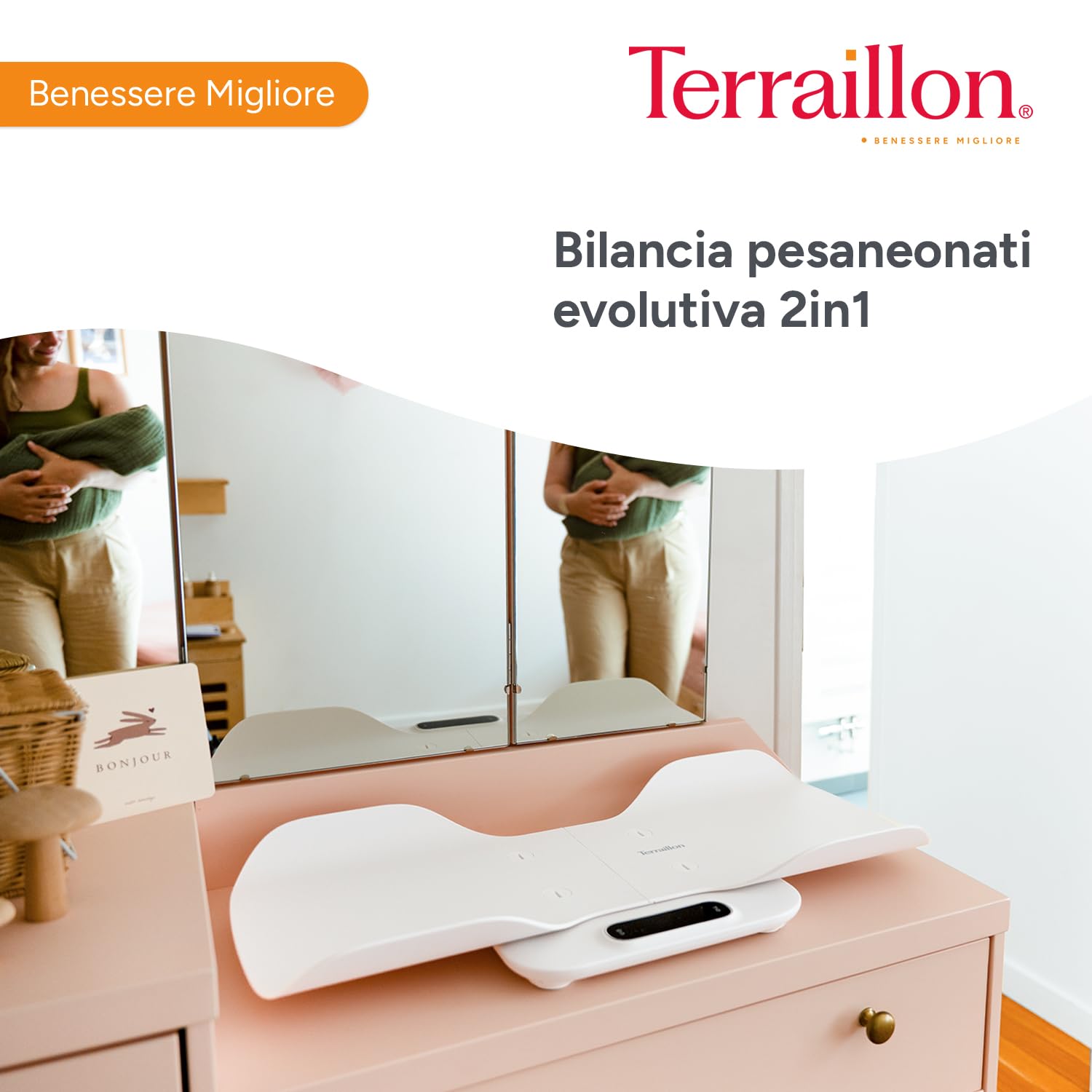TERRAILLON - BABY FIT - Pesa bambino 2 in 1 elettronica, navicella staccabile, funzione confronto peso, blocco bambino, gradazione 5-10-15 g, capacità 180 kg copertura inclusa, bianco