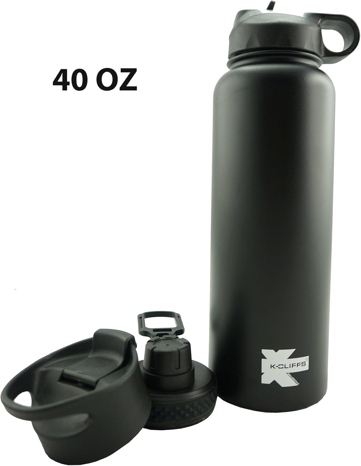 K-Cliffs Double Wall Vacuum Insulated Stainless Sport Water Bottle Thermo Travel Flask Coffee Mug with 3 Lids Straw Coffee Sport Cap BPA Free Black 24oz (800 ML / 0.8L)