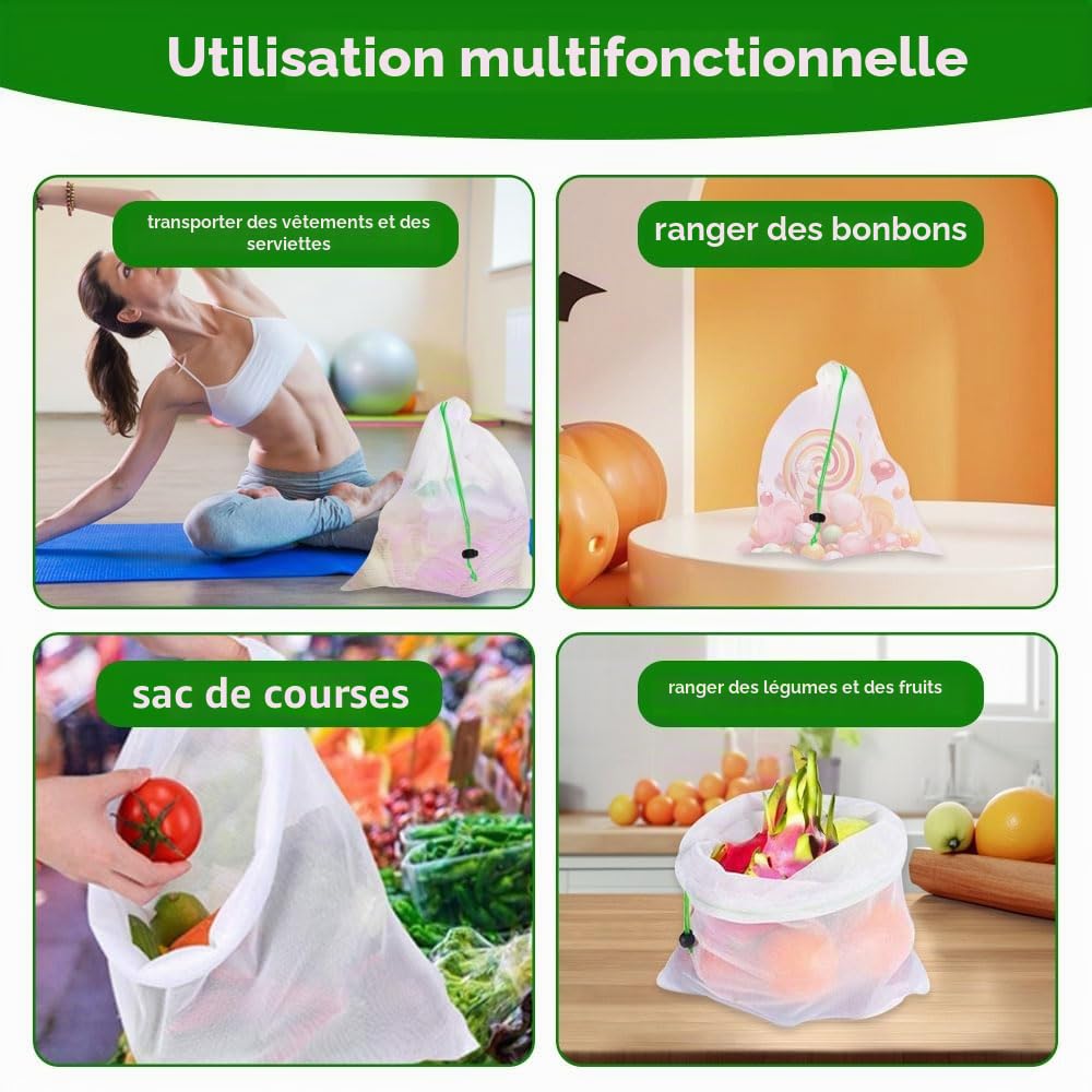 Sac de Cordon en Maille 35 x 30 cm Lavable Anti-Moisissure Nylon Réutilisable Portable pour Shopping Stockage Fruits Légumes