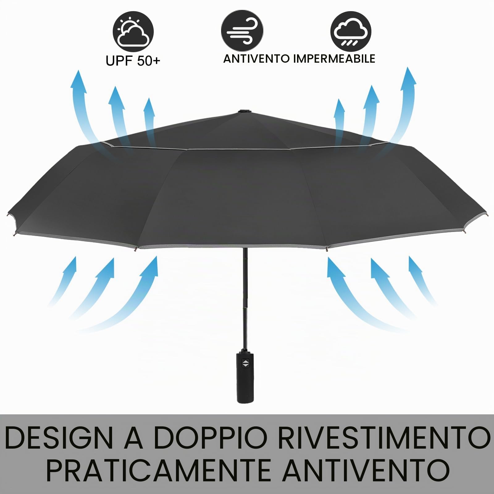 Satol Ombrello da Golf | Doppio Tetto & Ventilazione | Antitempesta & Apertura Automatica 62 Pollici | 10 Spine in Metallo per Massima Stabilità | Con Strisce Riflettenti (Nero con Bordo Grigio)