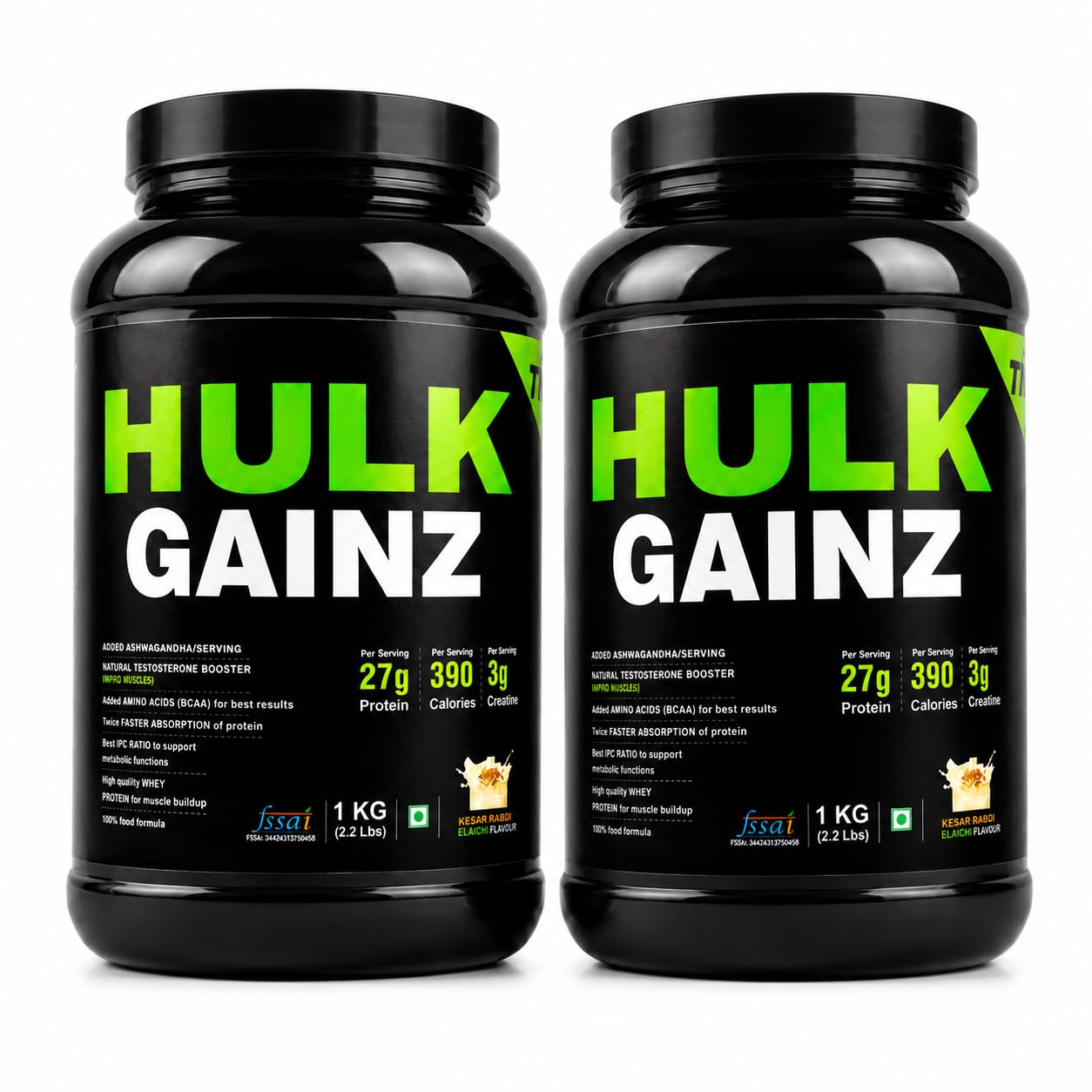 HULK GAINZ Mass Gainer Combo Pack (1kg + 1kg) | Total 2kg | 27g Protein, 390 Calories & 3g Creatine Per Serving | Added Ashwagandha, BCAA & Amino Acids | Kesar Rabdi Flavour | Muscle Mass & Weight Gain-image-16