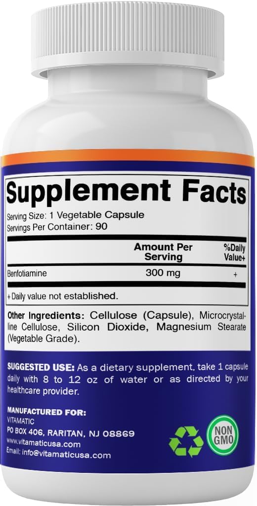 Vitamatic Benfotiamine 300 mg 90 Vegetarian Capsules - Also Called Fat Soluble Vitamin B1 (90 Count (Pack of 1)) (1 Bottle) - Image 9