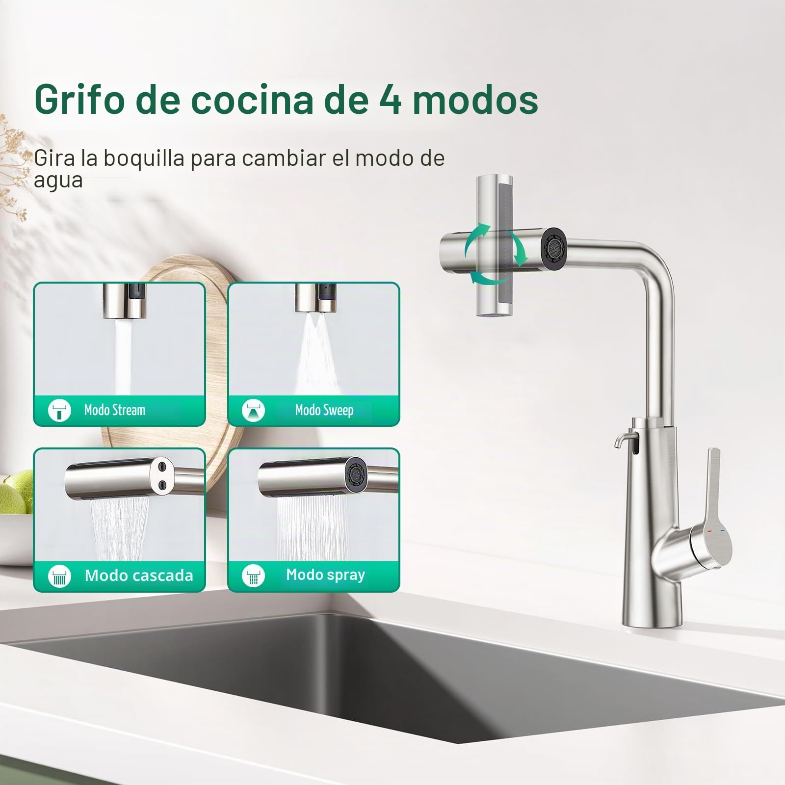 CREA Grifo de cocina Fregadero Cocina Extraíble Cascada, dispensador de jabon para fregadero, Grifo de Cocina Fregadero con Ducha de 4 Modos de Rociado Giratorio a 360°, Acero Inoxidable