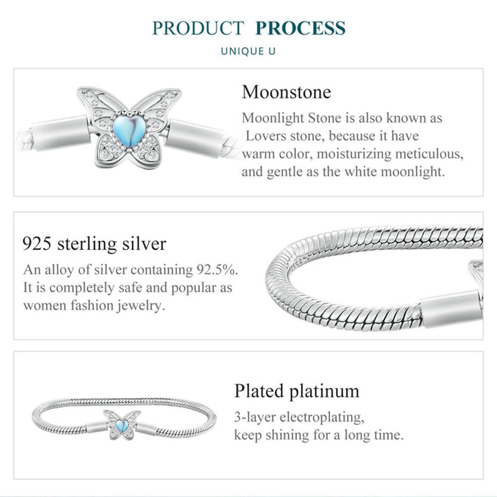 LLXYWJ Pulsera de Cadena de Serpiente de Plata de Ley 925 para Pulseras Europeas Brazalete de Mariposa