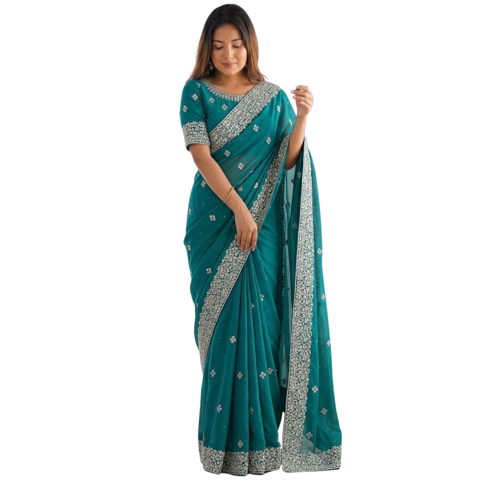 Women's Georgette Saree with Heavy Embroidered Zari Border and Unstitched Blouse Piece | Soft Flowy Ethnic Saree for Women with Zari Work Pallu-picture-23