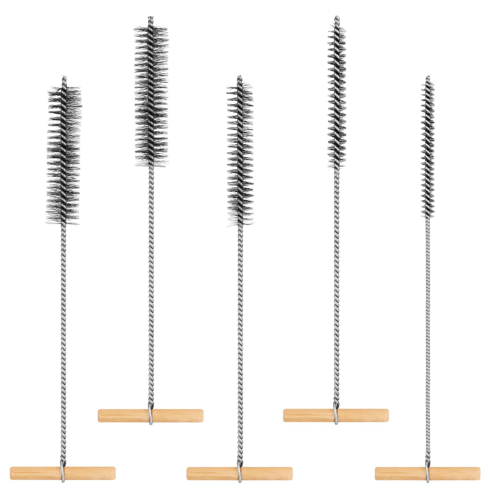 5 PCS Pipe Drill Hole Brush Set,8/12/16/20/25 mm T-Handle Pipe Cleaner Brush Stainless Steel Hole Brush,Wire Hole Brush for Cleaning for Hammer Drills