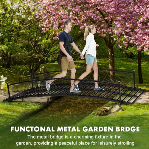 8 FT Garden Bridge, Metal Arc Footbridge with Safety Siderails, Decorative Black Iron Pond Bridge for Outdoor Patio Yard Backyard Creek Farm