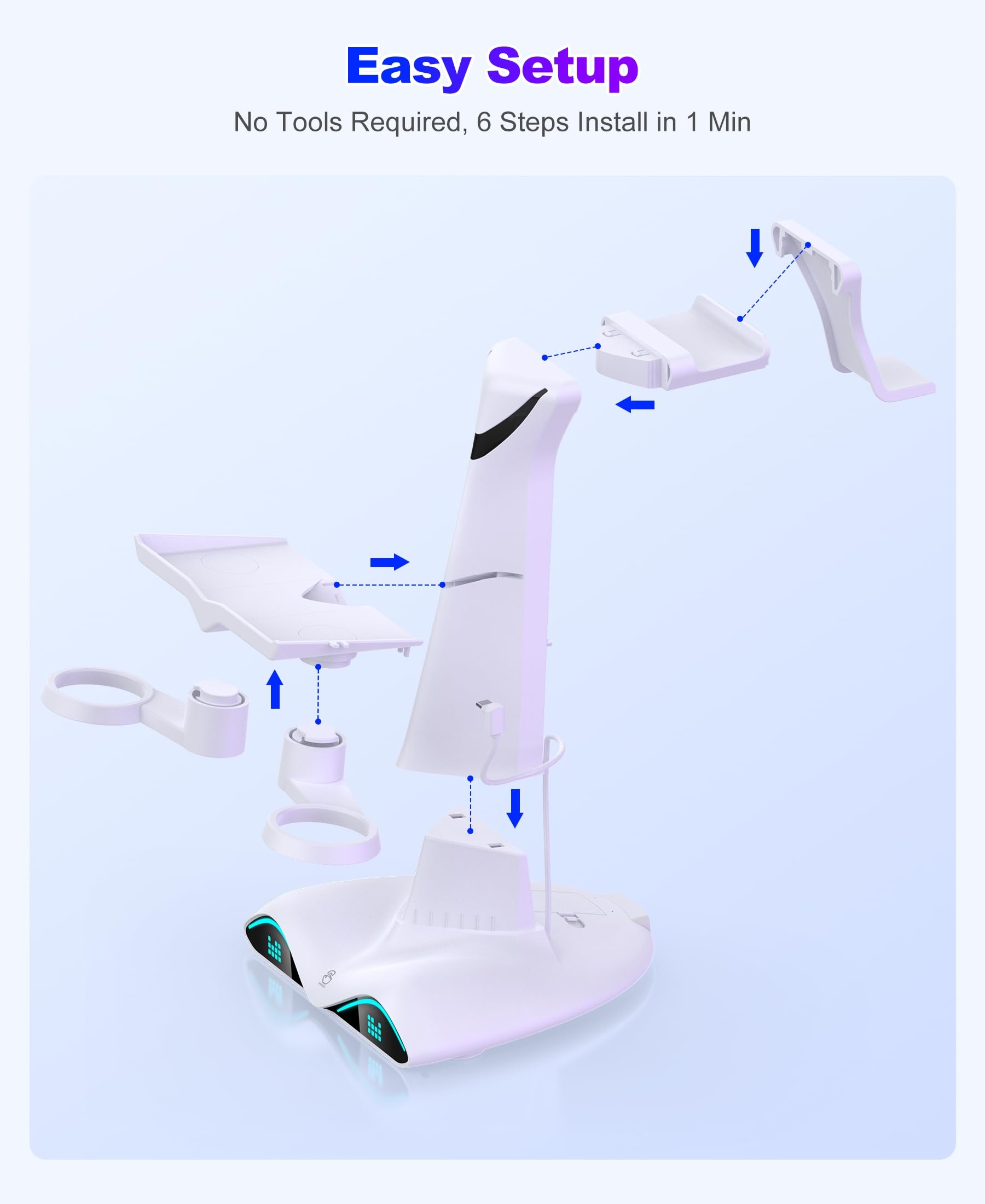 Kawaye Supporto di ricarica rapida per Quest 3, supporto verticale per cuffie VR e controller supporto di ricarica con luce RGB, accessori VR con 2 batterie ricaricabili