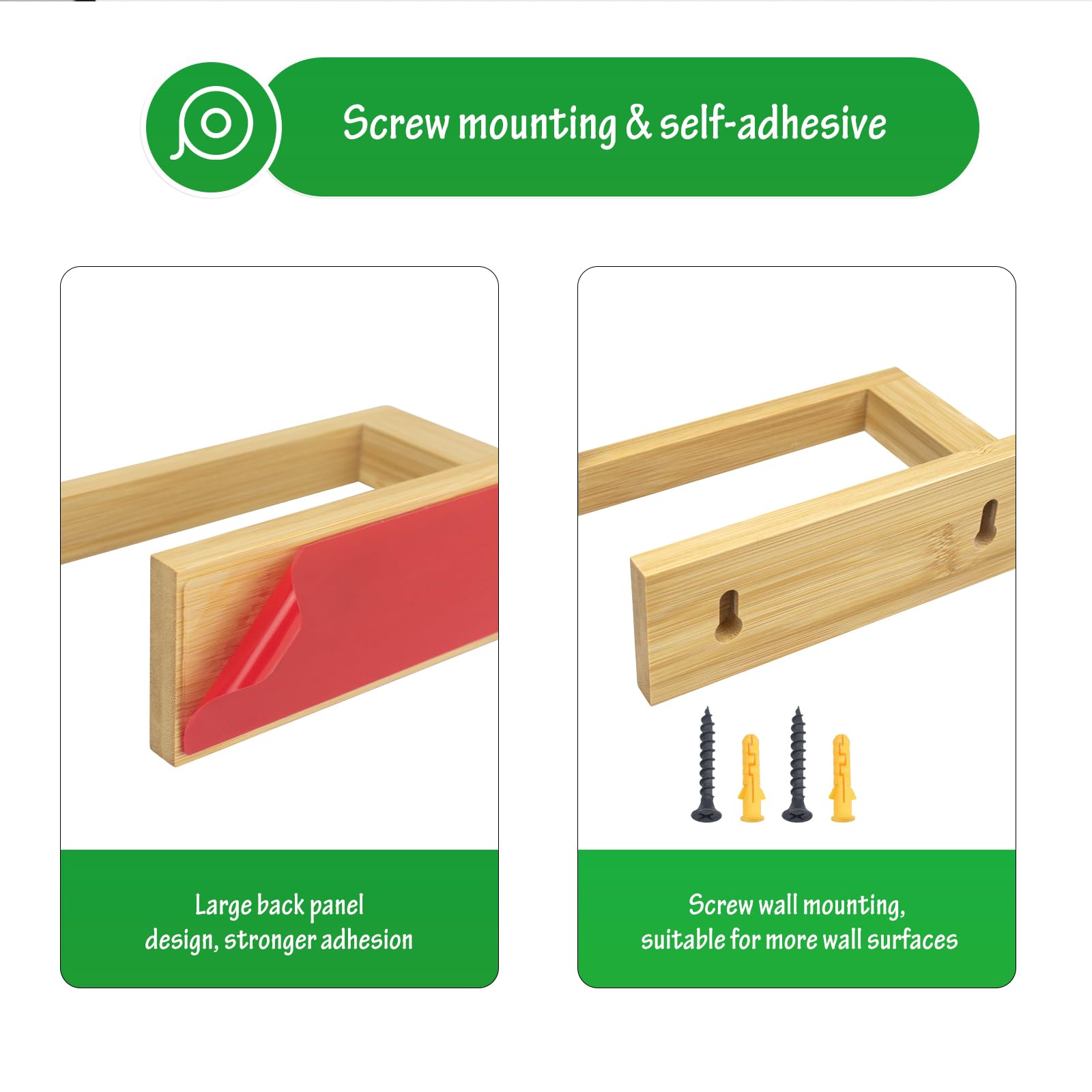 Soporte de papel higiénico de bambú para colgar en la pared, autoadhesivo o con tornillo, soporte para rollo de papel higiénico para baño y cocina 4