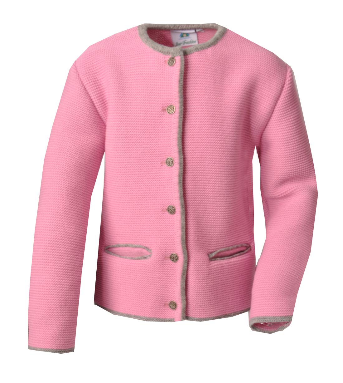 Isar-Trachten Obertresenfeld - Chaqueta de punto para niños, color rosa, contraste gris claro, talla 68-176