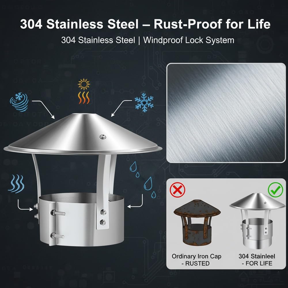 Sombreros para Chimeneas, Tapa de Chimenea de lluvia Acero Inoxidable 304, a Prueba de Viento y Lluvia, Sombrerete Chimenea para Tubos de Estufa(200mm)