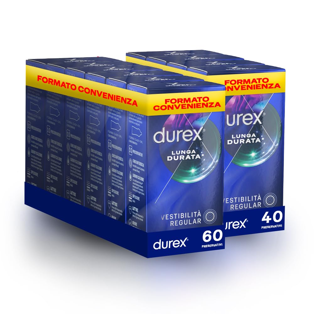 Durex Preservativi Lunga Durata, Preservativi Ritardanti per Lui, 100 preservativi, 10 Confezioni da 10 Profilattici