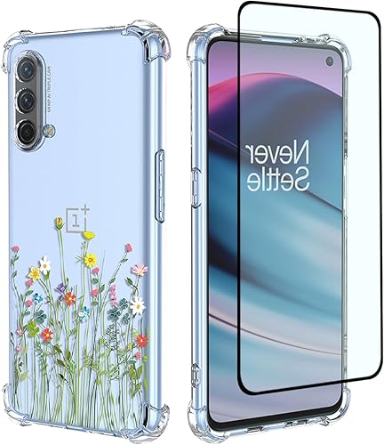 Funda para OnePlus Nord CE 5GNord Core Edition 5G EB2101 con protector de pantalla, funda transparente con patrones de jardín de flores, funda
