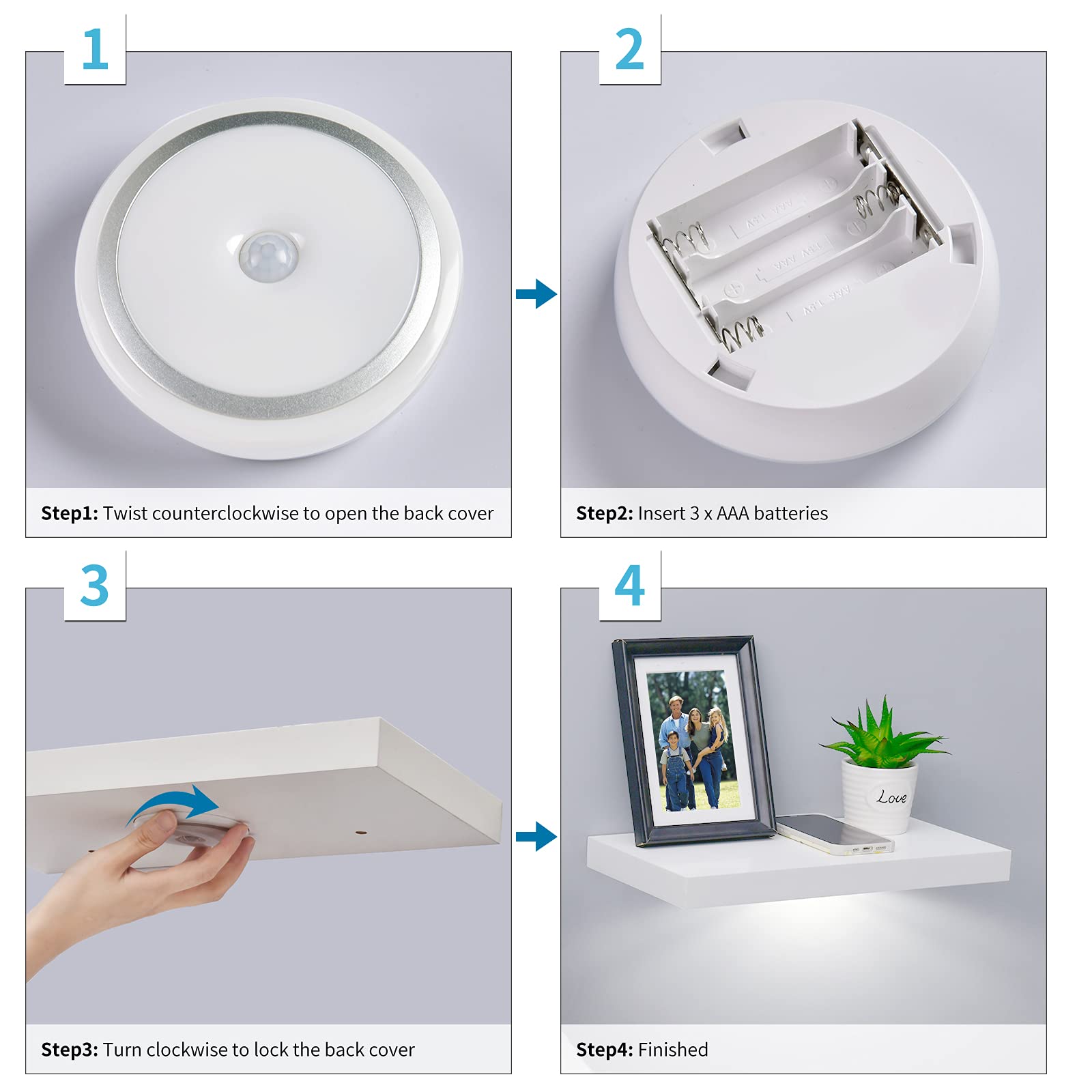 WELLAND White Floating Shelf with Motion Sensor Light, Wall Mounted ...