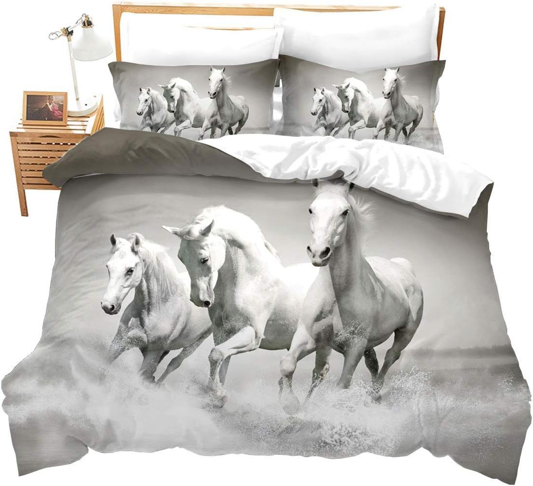 Housse de couette cheval 3D en microfibre 260x230 cm avec 2 taies d'oreiller pour lit 2 personnes