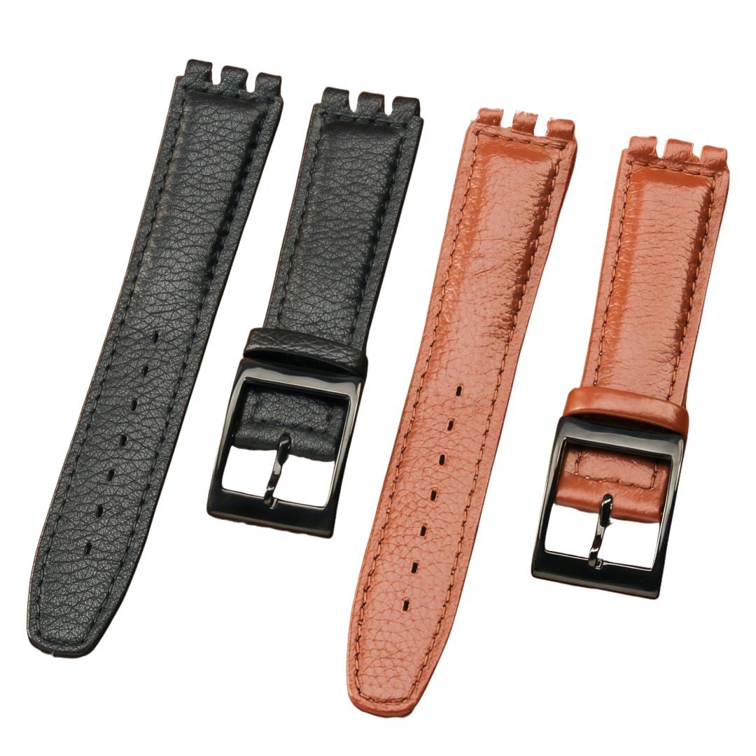 Cinturino Orologio Vera Pelle 17mm 19mm Bracciale di Ricambio Fibbia Nera Disponibile Nero & Marrone per Swatch IRONY series-Nero + Bianco + Argento