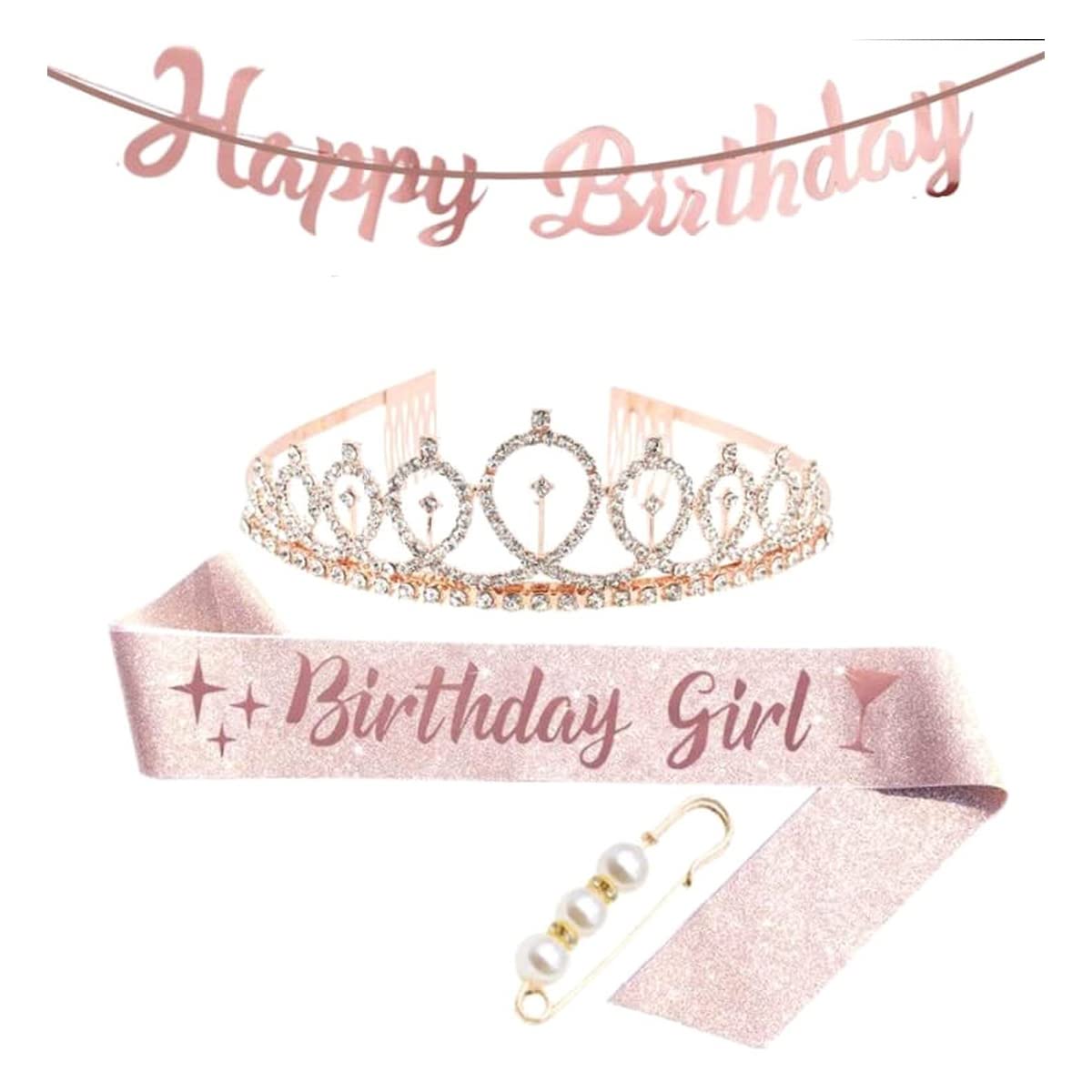 4 Pcs Rose Gold Birthday Girl Sash & Rhinestone Crown Kit - Glitter Crystal Tiara & Happy Birthday Banner Girls Fancy Pin for Party Favors