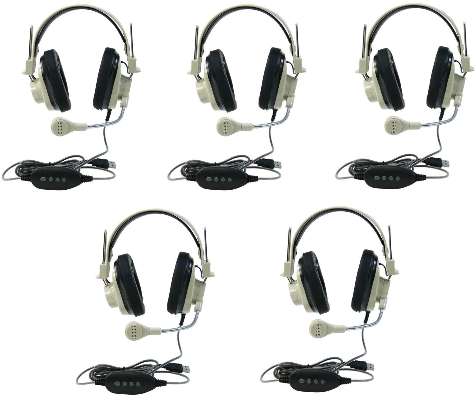 Casques stéréo beige USB arceau réglable et micro flexible pack de 5