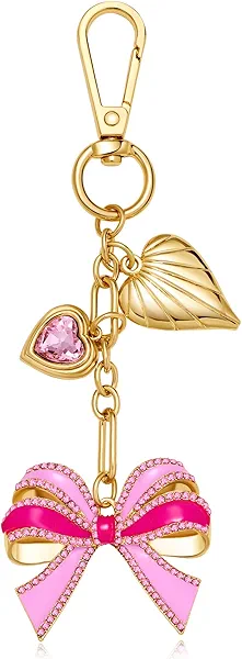 WOWORAMA Heart Bow Charm Keychain for Women Pearl Bow Tennis Bag Charm Ball Keyring Gold Heart Purse Charms for Handbags