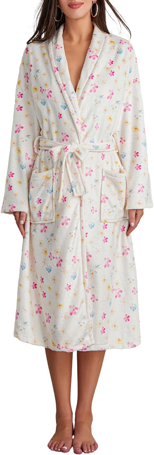 Women Kimono Dressing Gowns Fruit Floral Print Bathrobes Flannel Soft Warm Long Robe with Belt Ladies Housecoats