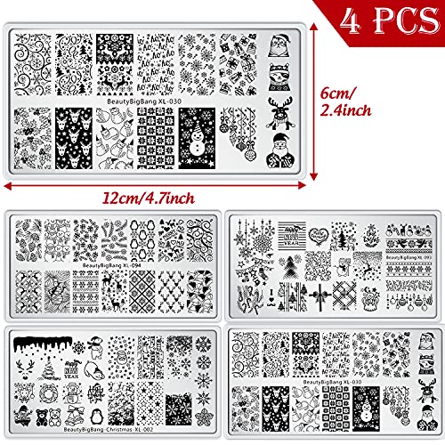 4 Pieces Christmas Nail Art Stamping Plates With Snowflakes Snowman Christmas Tree Santa Image Stamp Templates Kit Diy Stainless Steel Nail Image Polish Template Kit Manicure Stencils Tools #TOP1