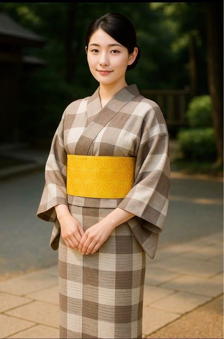 ゆかたと帯 お仕立上り 市松格 子 着物…綿 麻 帯