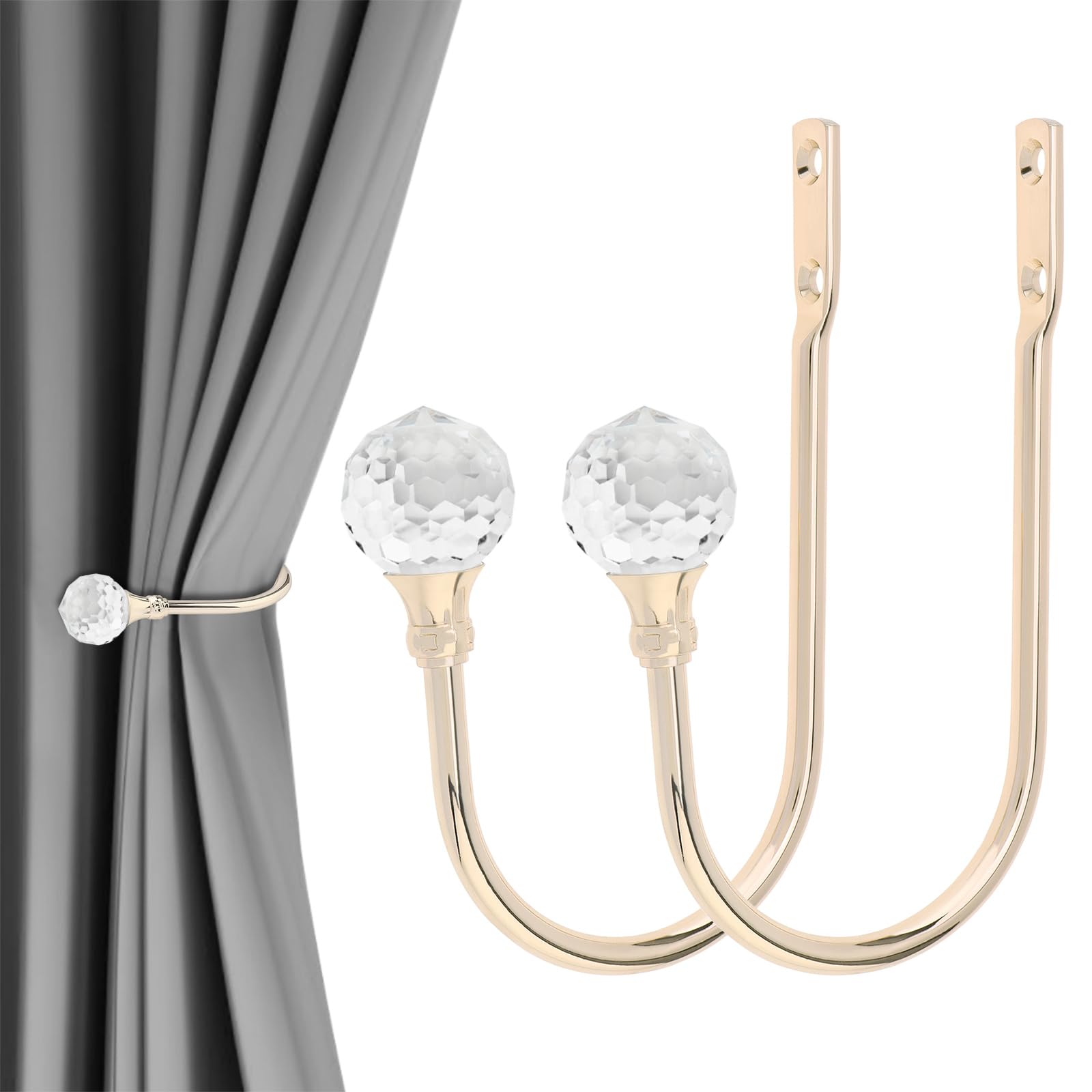 HOJLKLD Curtain Holdbacks, 2 Pack Wall Mounted Drapery Tiebacks with Clear Crystal Ball, Window Curtain Hooks Holder for Home Decor (2, Gold)