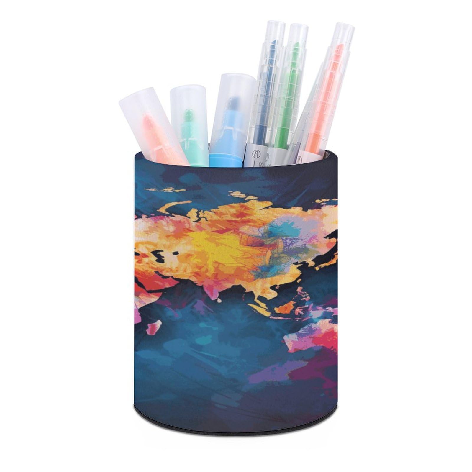 VstaDank Abstract World Map Pen Holder Round Pencil Holder Cup Pen Container PU Leather Desk Organizer Stand Decor Brush Scissor Holders Decoration Office Desk Home (3.1 X 3.9 Inches)