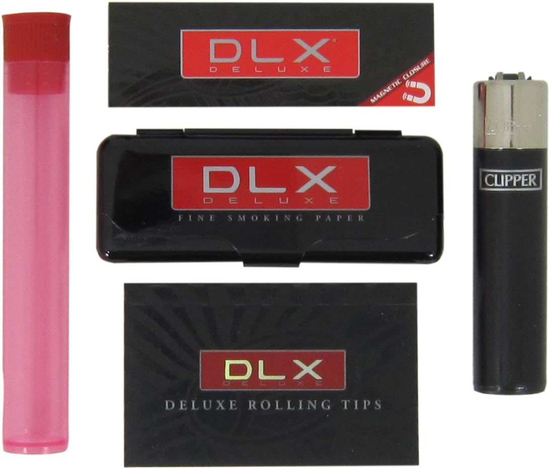Bundle-5 Items-DLX Rolling Papers 1 1/4, Tin Case, Clipper Lighter, Tips and"RPD" Kewltube