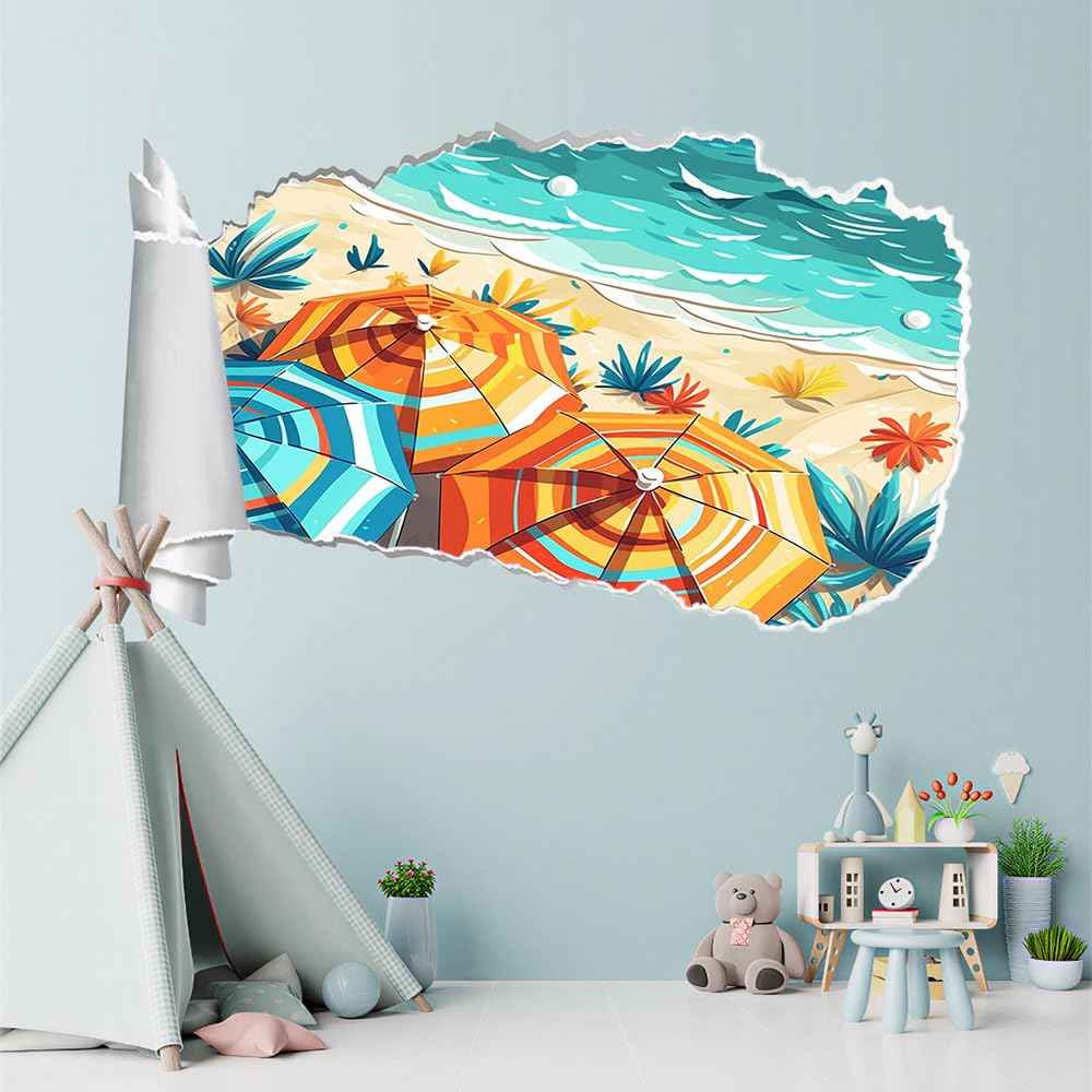 3D Wandtattoo I Wandbild Strand Wandaufkleber I Wandsticker Durchbruch Landschaft Poster Fensterblick I Wand Deko Aufkleber für Wohnzimmer Schlafzimmer Türaufkleber