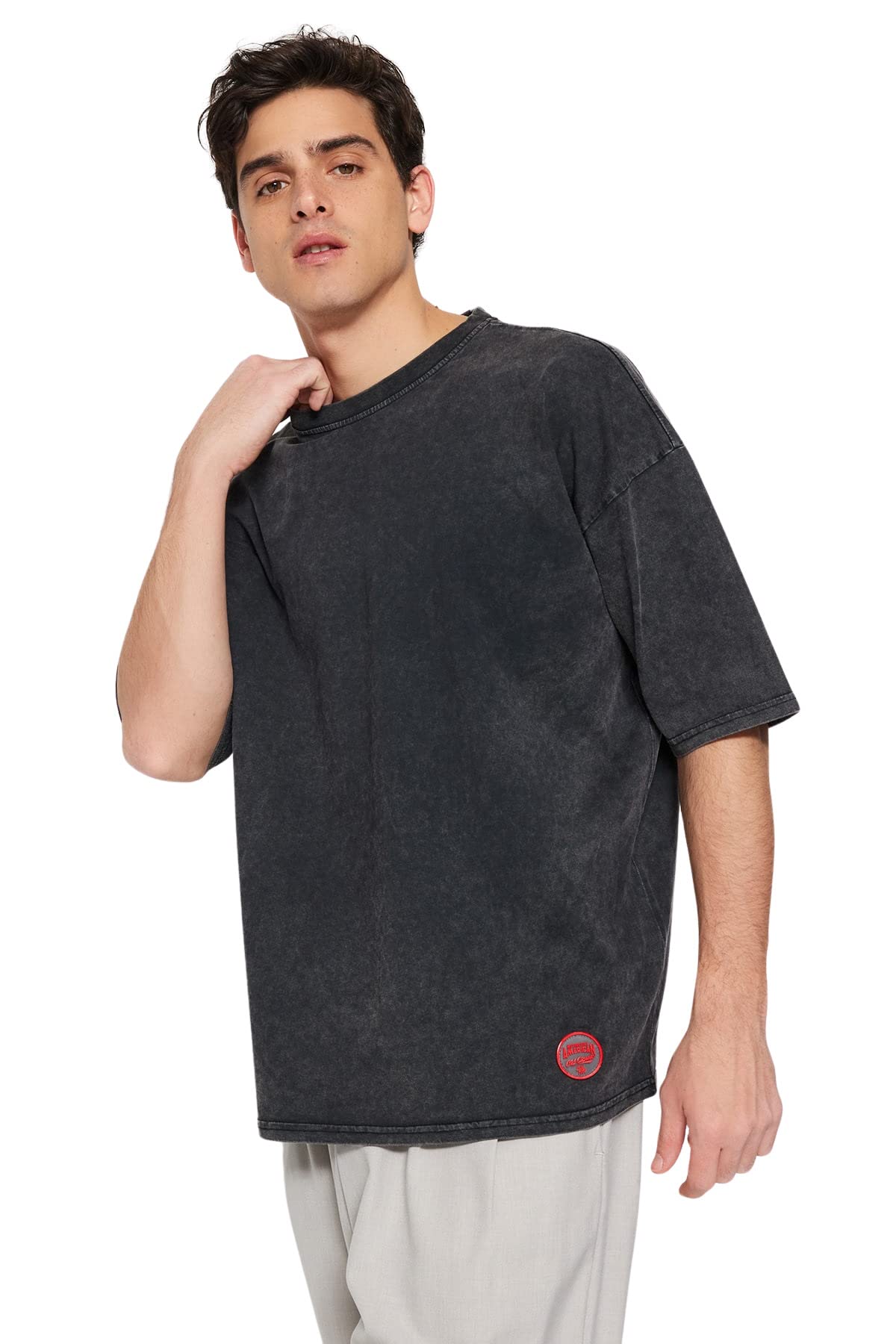 Trendyol Herren Anthrazit Man Oversize Basic Rundhals Strick-T-Shirt, M