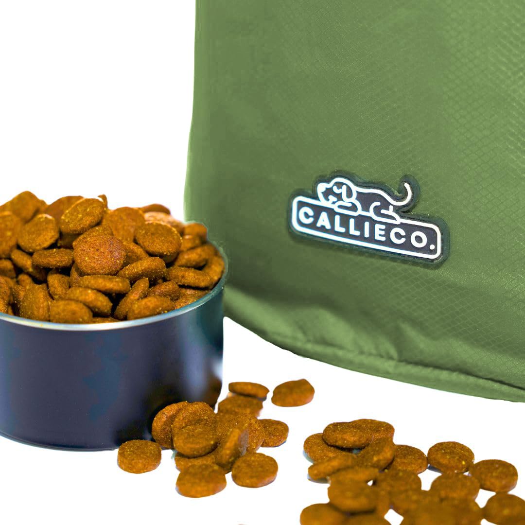 Callieco Hundefutter-Reisetasche mit 1 Tassenschaufel und Reißverschluss-Seitentasche, wasserdichter Aufbewahrungsbehälter für Zuhause, Autoreisen, Camping, Boarding und mehr (Grün, 64 Tassen)