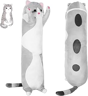 Grey Long Cat Plush Body Pillow Kawaii Cat Stuffed Toy, Cute Soft Plush Animal Doll, Plushies Decorations for Video Game Fans, Kitten Plush Throw Pillow Doll Gift for Girlfriend & Kids 19.6in/50cm