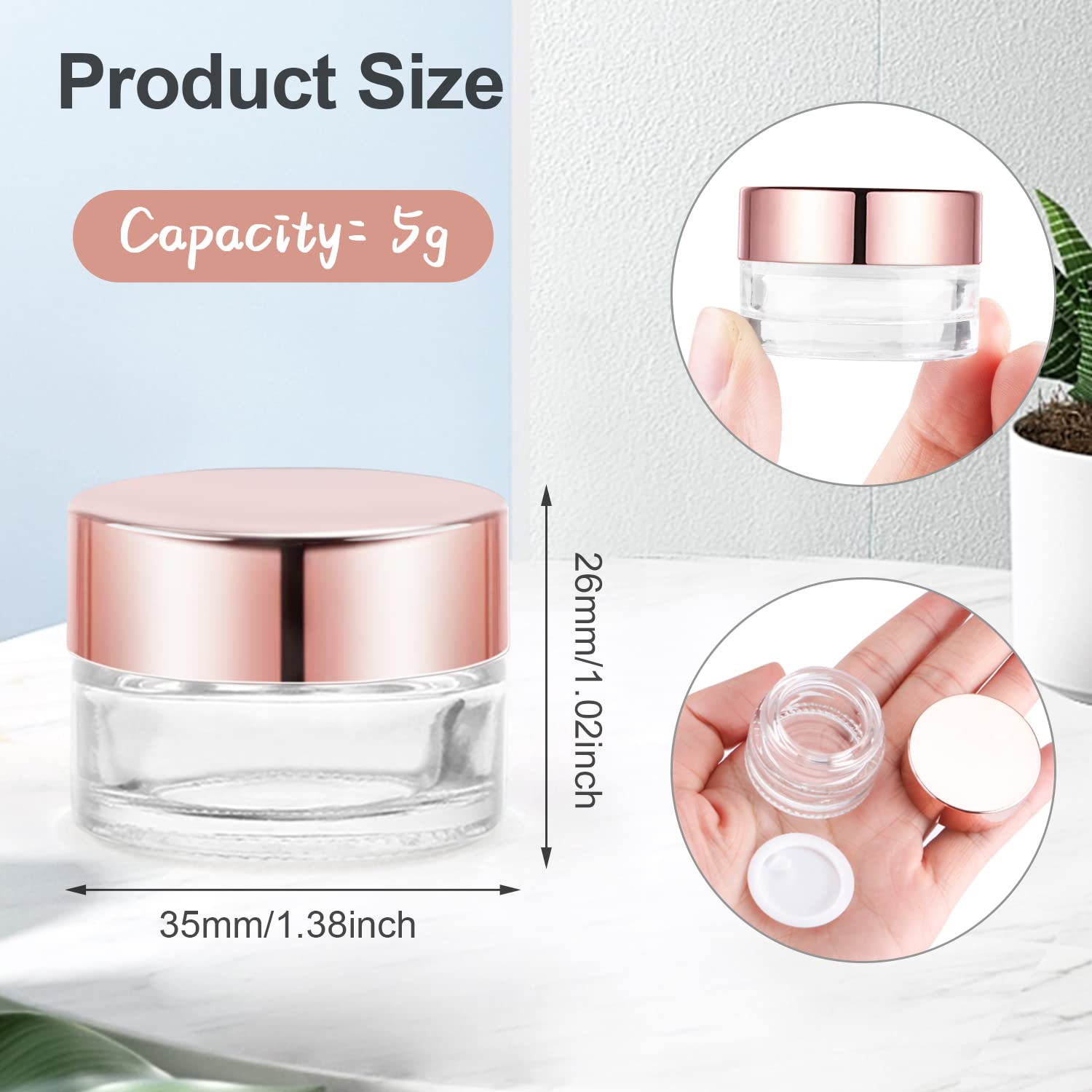 12 Pcs 5g Glass Cosmetic Jars Refillable Clear Cream Bottle Containers Empty Sample Vials Jar with Rose Gold Lid for Eye Cream Lotion Ointments Lip Balm Scrub