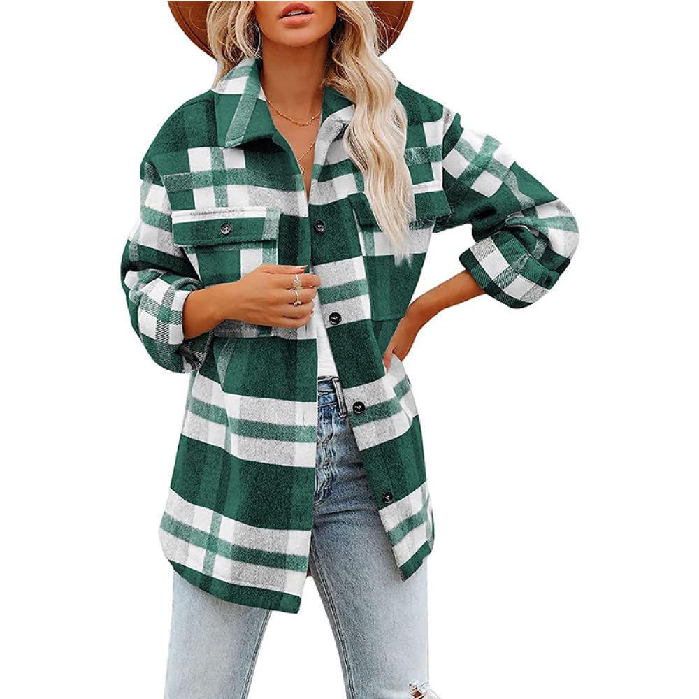 Langarmshirt Damen,Karierte Bluse Für Damen, Flanell-Tartan-Jacke, Langärmliges Hemd, Vintage-Grau, Dicker Reversmantel Aus Wollmischung, Hemdjacke Mit Knopfleiste, Lässige Baggy-Stil-Outwear-Win