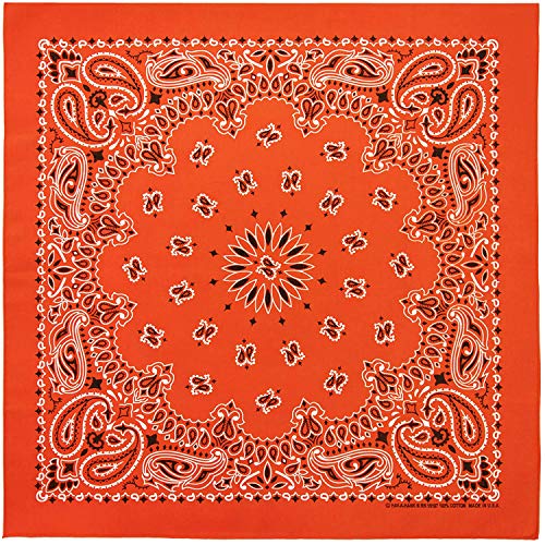 Premium Made in USA Unisex Paisley 100% Cotton Cowboy Bandana Head Wrap, USA Orange, 1 Piece