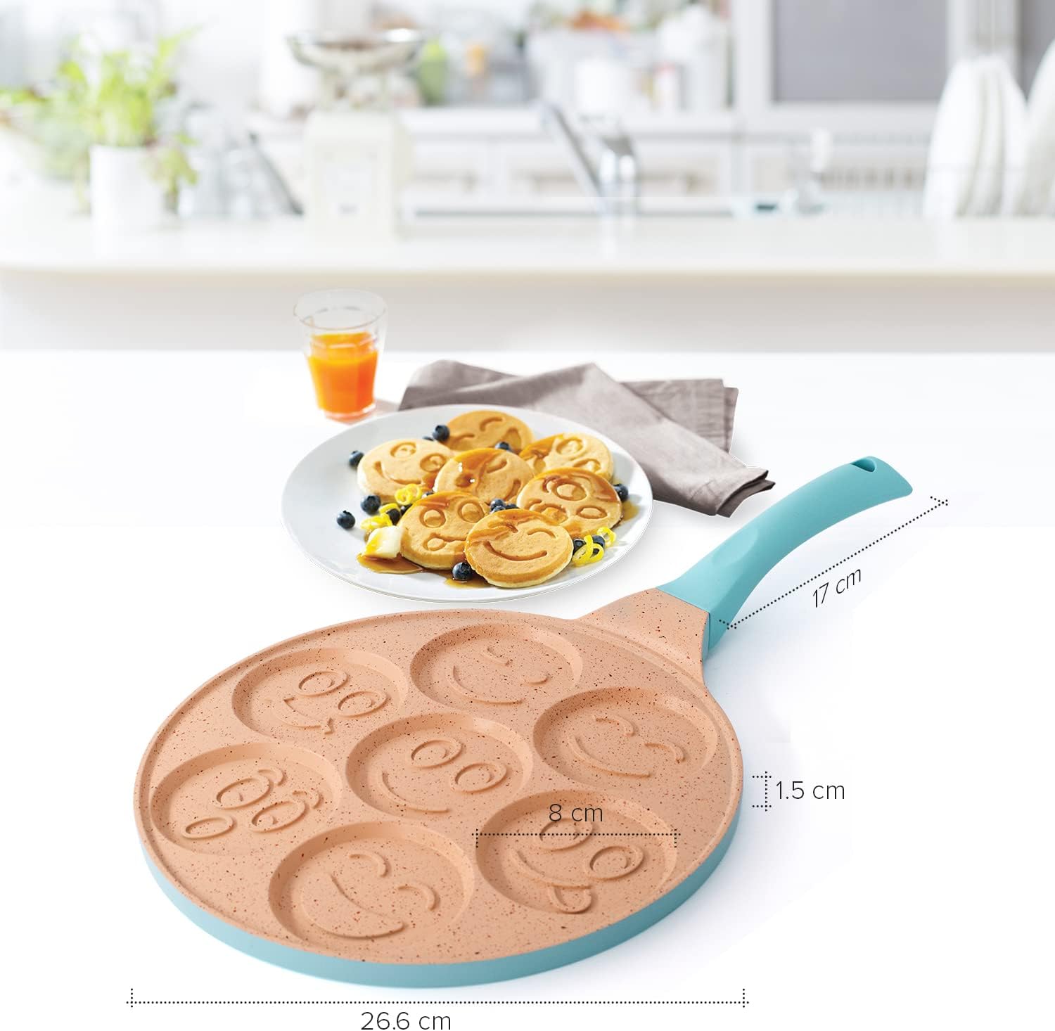 Joeji's Kitchen 7 Hole Pancake Pan 26cm - Smiley Faces Mold - Non Stick and Induction Suitable - Lightweight Cast Aluminium - Mini Pancakes - Fun Kids Breakfast - Blue