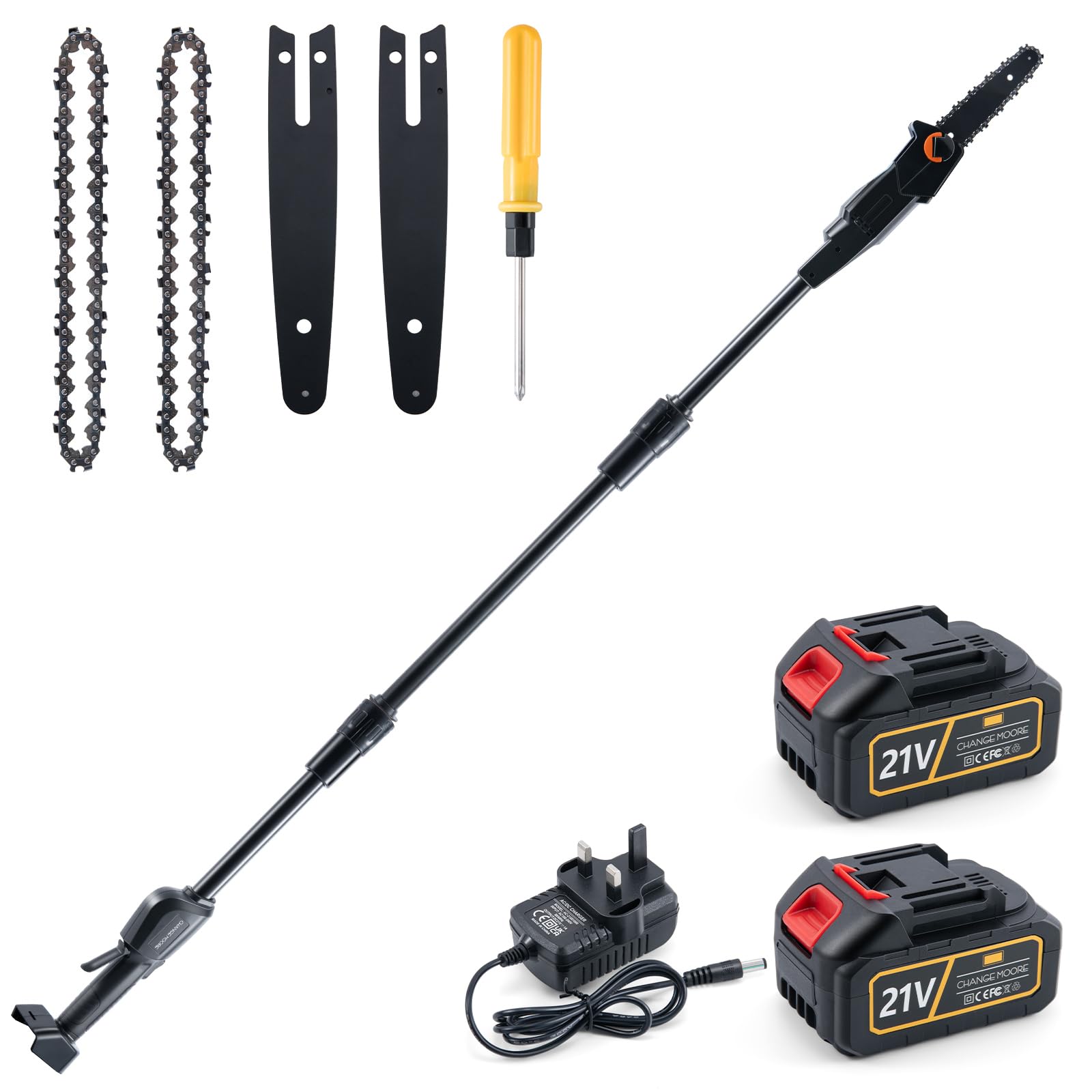 CHANGEMOORE Brushless Cordless Pole Saw 3-Section with 2x3.0Ah Battery & Charger, 169cm Mini Chainsaw with Extension Pole