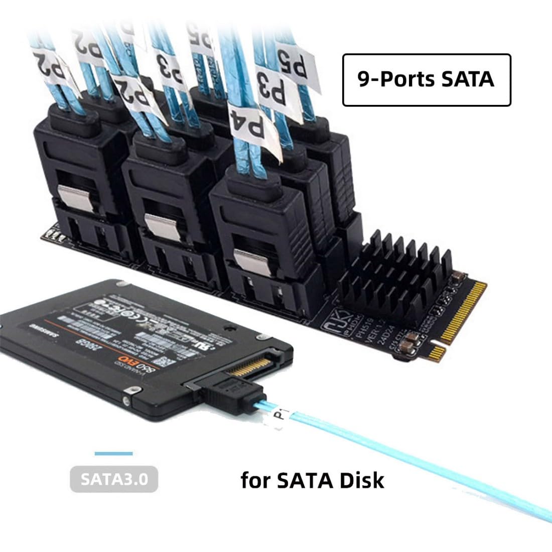 chenyang Adaptador de 9 puertos M.2 a SATA 3.0, PCIe 3.0 a SATA III, adaptador de tarjeta de expansión de 6 Gbps con indicador inteligente