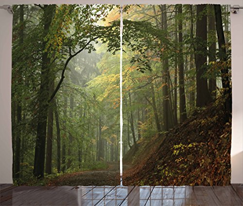 Ambesonne Forest Curtains, Misty Autumn Woodland Shaded Trees Foggy Dreamy Woodland Scene, Living Room Bedroom Window Drapes 2 Panel Set, 108